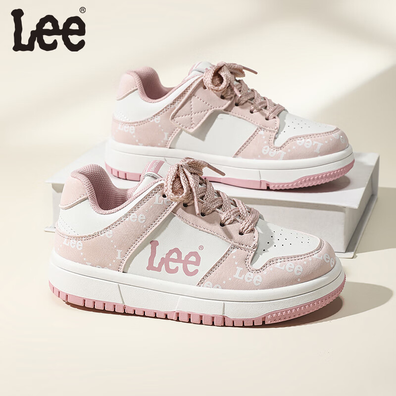 Lee儿童运动鞋春季新款透气百搭低帮板鞋魔术贴男女童鞋儿童休闲鞋 米白粉 29 【建议脚长178mm】
