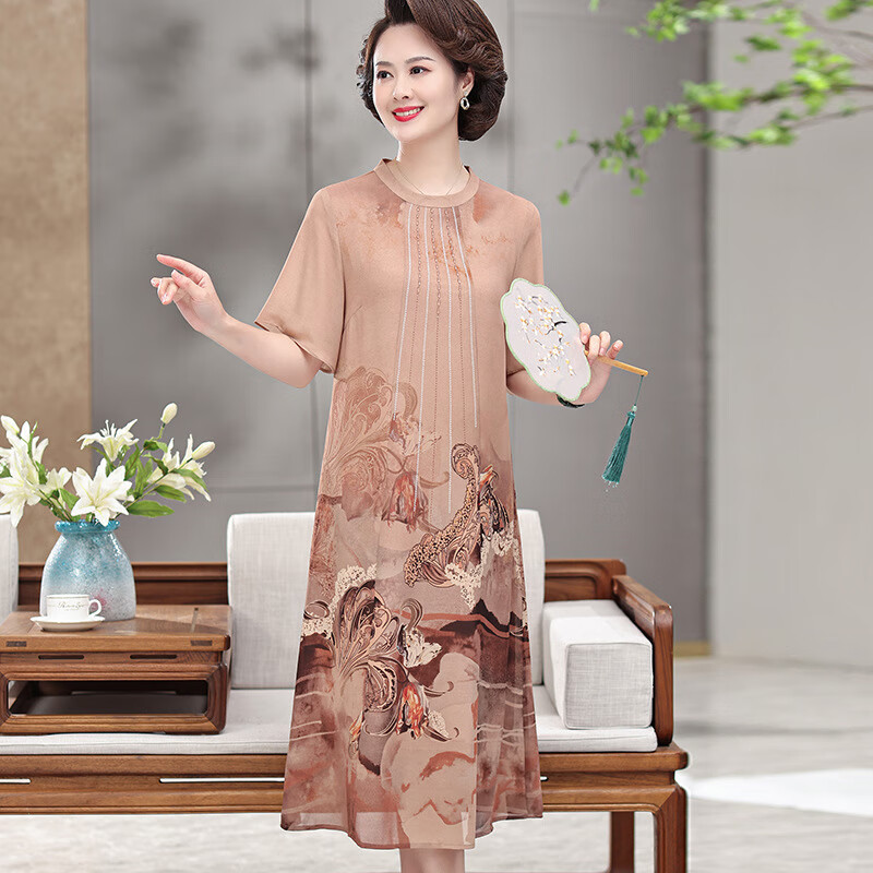 百丽驼美士(balitomms)严选原创中年改良款旗袍连衣裙a字缎面印花长裙