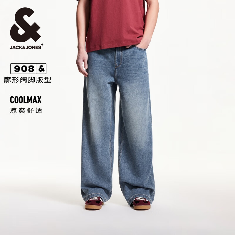 杰克·琼斯（JACK&amp;JONES）25年男装秋季908阔腿牛仔裤男士宽松【凉感】潮流显腿长裤子 E39中蓝牛仔 常规 36 185 W36/L32
