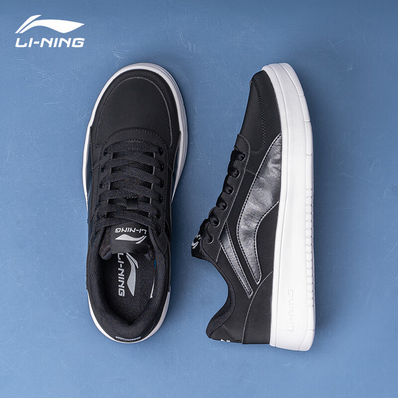 李宁男鞋板鞋冬季新款皮面休闲鞋男士惟吾黑色轻便鞋子运动鞋 黑色 41