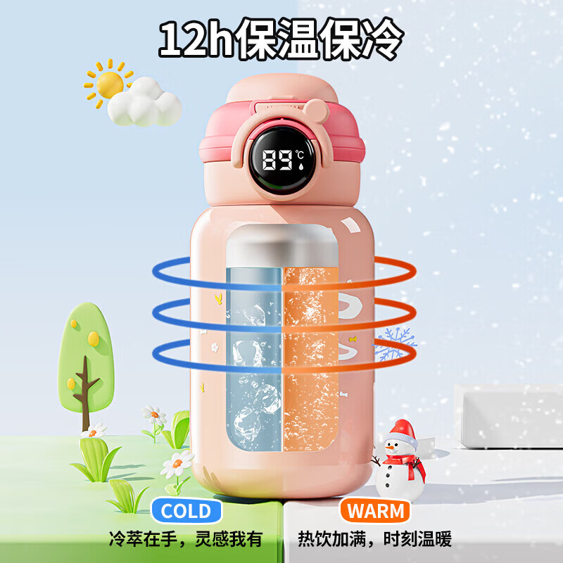 皇家洛克 ROYALLOCKE儿童保温杯男女316不锈钢水杯学生水壶吸管杯宝宝上学幼儿园杯子  【智能显温+双饮】萝卜兔500ML