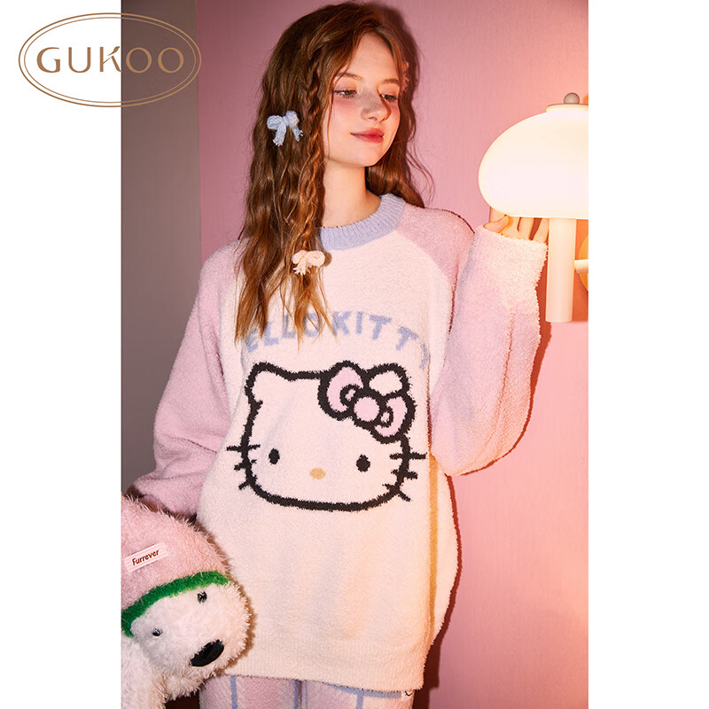 果壳（Gukoo）睡衣女秋冬新款半边绒睡衣HelloKitty联名可爱女士家居服套装D  珍珠白女套 S