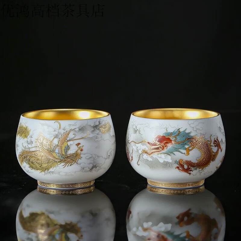 景德鎮(zhèn)高檔24k大師周鴻杰掐絲龍鳳對杯主人杯茶杯鎏純金建盞個人金絲龍 金絲龍鳳鎏金對杯 200mL以下【 禮盒裝】