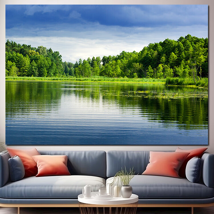 山水风景胡泊绿树风景装饰挂画墙贴图自粘片绿色护眼壁画树林海洋