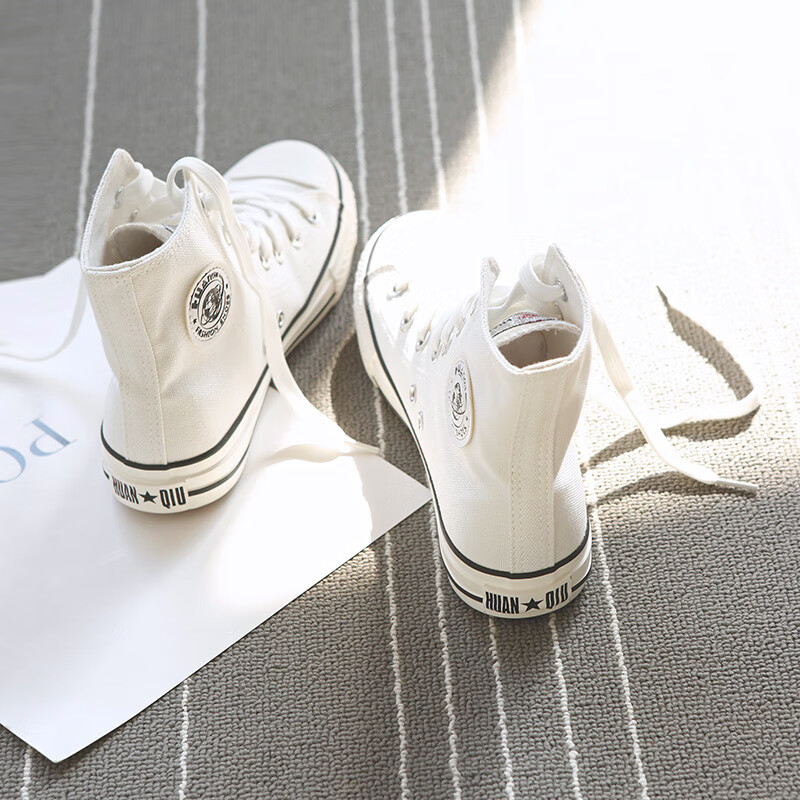 环球女鞋帆布鞋女鞋高帮2025新款夏季透气轻便学生小白鞋低帮黑色板鞋 经典白色-高帮 37