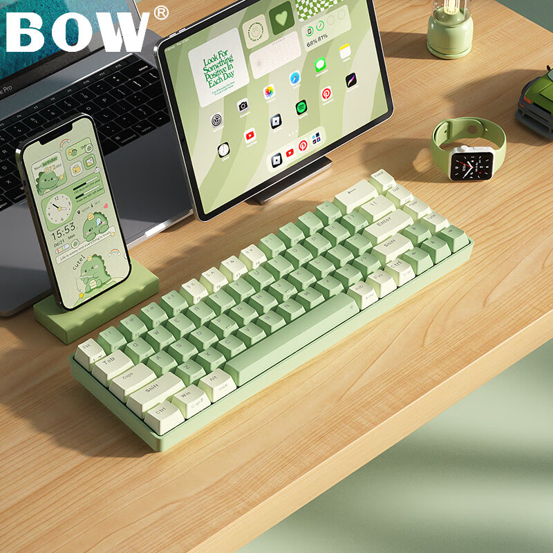 B.O.W 航世 热插拔双模机械键盘全键无冲 无线蓝牙办公游戏客制化键盘鼠标套装 双模机械键盘-抹茶绿（68键） 茶轴