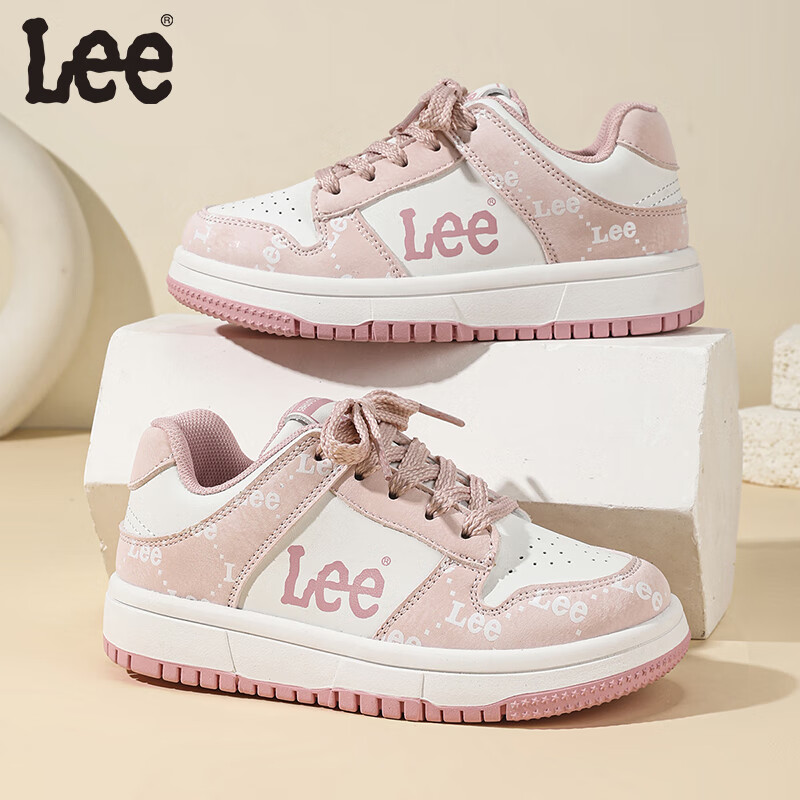 Lee儿童运动鞋春季新款透气百搭低帮板鞋魔术贴男女童鞋儿童休闲鞋 米白粉 29 【建议脚长178mm】