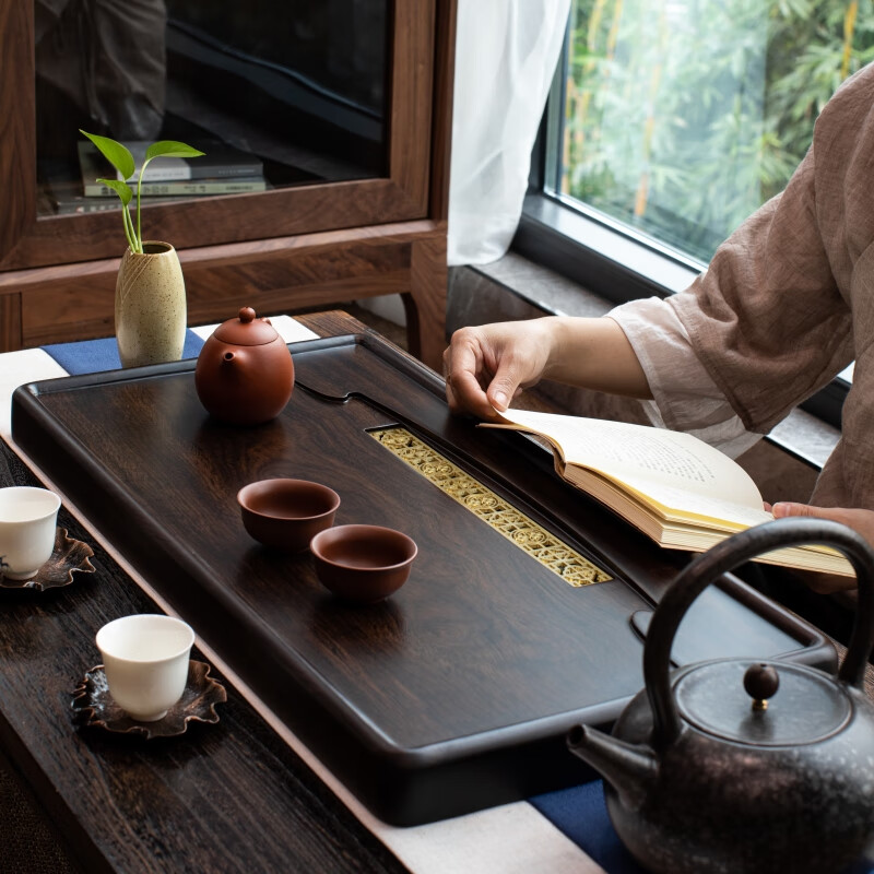 森煜整塊烏檀木茶盤實木功夫茶具 家用烏金石茶臺茶托盤簡約排水式 水云間80*40*4.5