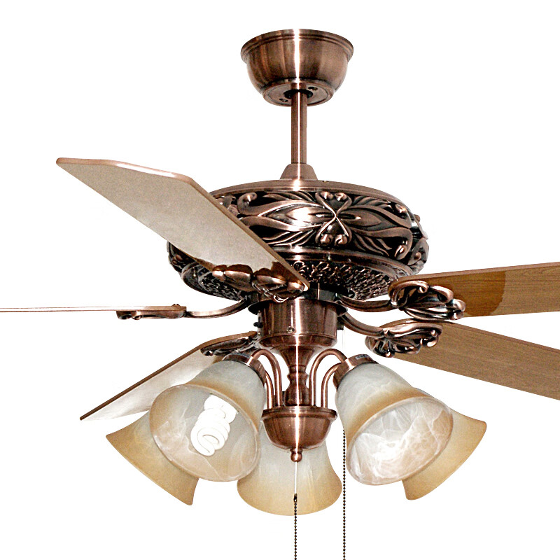 佑家电扇灯欧式仿古客厅吊扇带灯书房风扇吊灯木叶客厅卧室吊扇灯60寸 五灯+拉绳