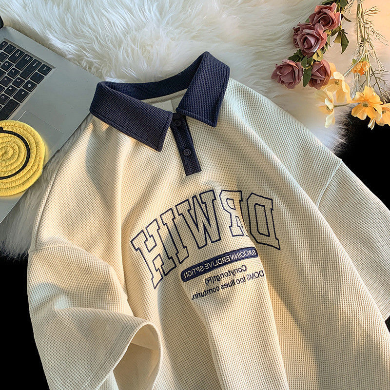 衣服夏天华夫格polo领短袖t恤女夏季2024宽松ins潮原宿风chic 米白色