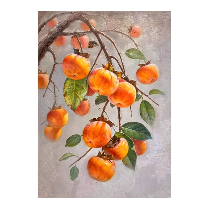 艺幻事事如意柿子手绘油画玄关装饰画新中式写实水果客厅餐厅挂画竖版
