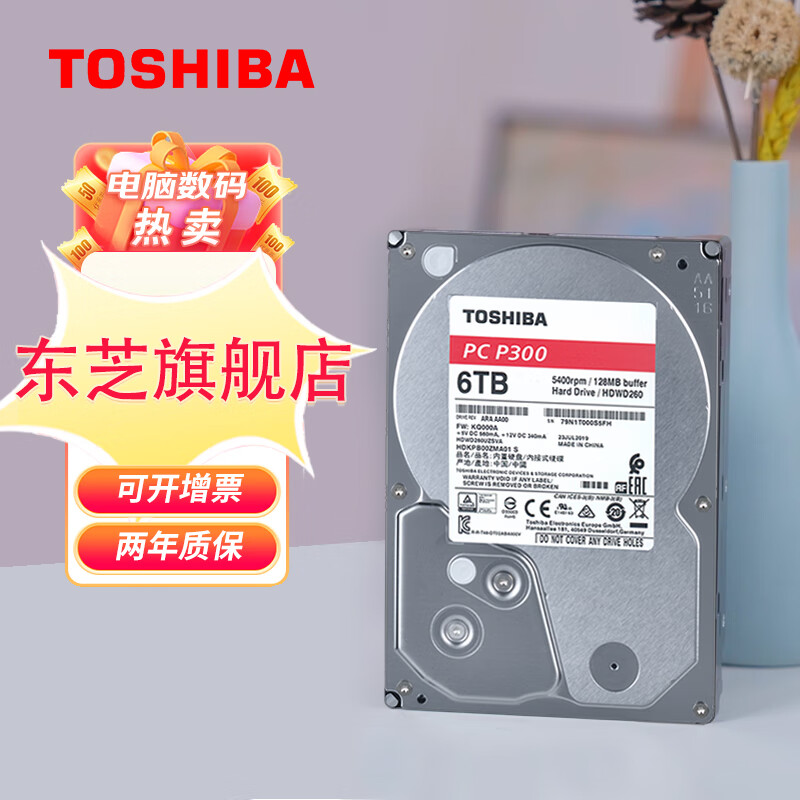 东芝（TOSHIBA）P300系列机械硬盘 台式机电脑内置硬盘SATA3接口7200转5400转硬盘 DT系列 6TB HDWD260YZSTA 128M缓存 标配(无配件)
