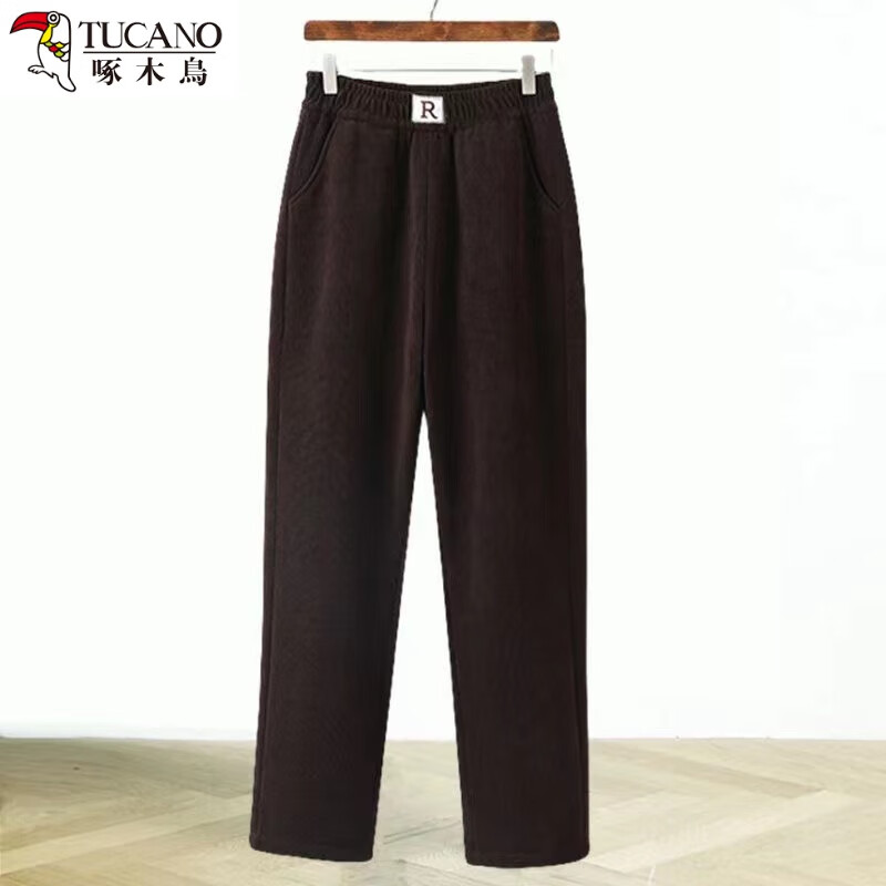 啄木鸟秋冬新加厚雪尼尔妈妈裤高腰弹力休闲裤宽松显瘦直筒裤女长裤加绒 R 卡其【加绒加厚】 加绒 3XL 建议105-130斤