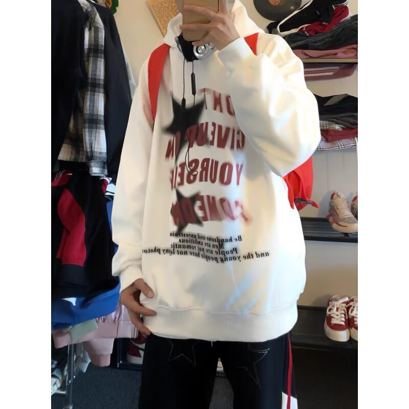 黑盒白秋冬季连帽卫衣男装美式高街印花潮牌加绒保暖情侣长袖上衣外套男 XXJR-WR485灰色 加绒 XL 【125-140斤】