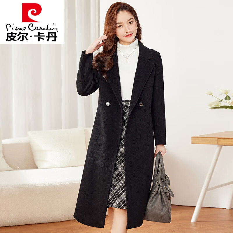 皮尔卡丹(pierre cardin)羊毛双面羊绒大衣女士双面呢修身长款过膝