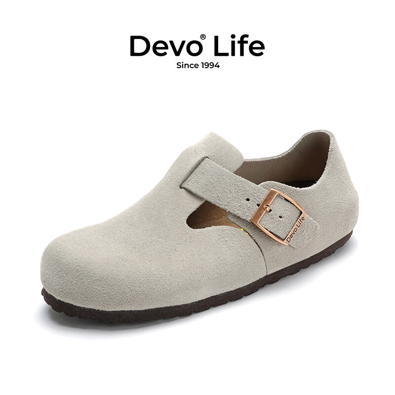 Devo Life的沃软木鞋男女同款反绒平底单鞋复古包头鞋情侣文艺休闲鞋 66008 灰色反绒牛皮 36
