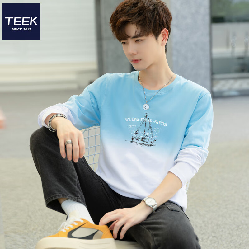 TEEK秋季纯棉长袖t恤男装青少年秋冬款渐变色男士上衣 潮流体恤衫衣服 JAC66X蓝白色 M