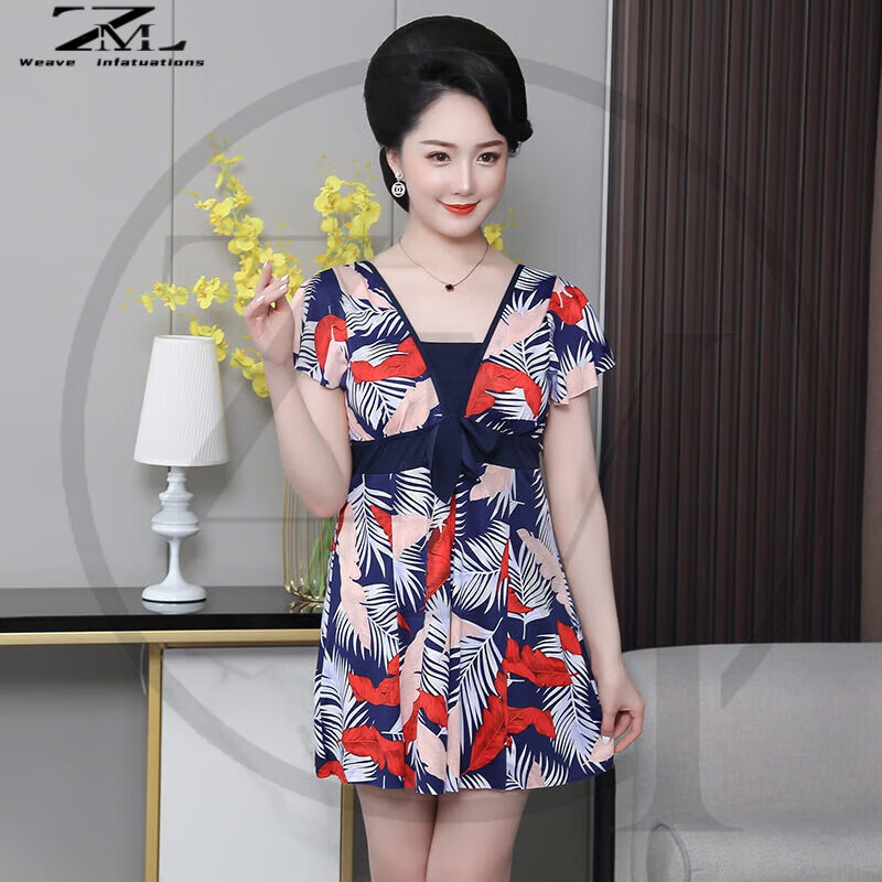 织迷(weave infatuations)妈妈泳衣女保守中老年显瘦遮肚大码连体中年