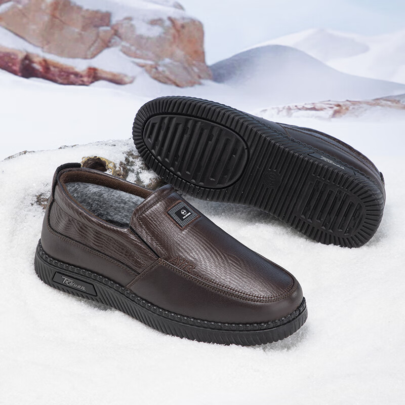 泰和源老北京布鞋男棉鞋冬季一脚蹬加绒加厚爸爸鞋防滑保暖仿皮休闲鞋 棕色69980 44