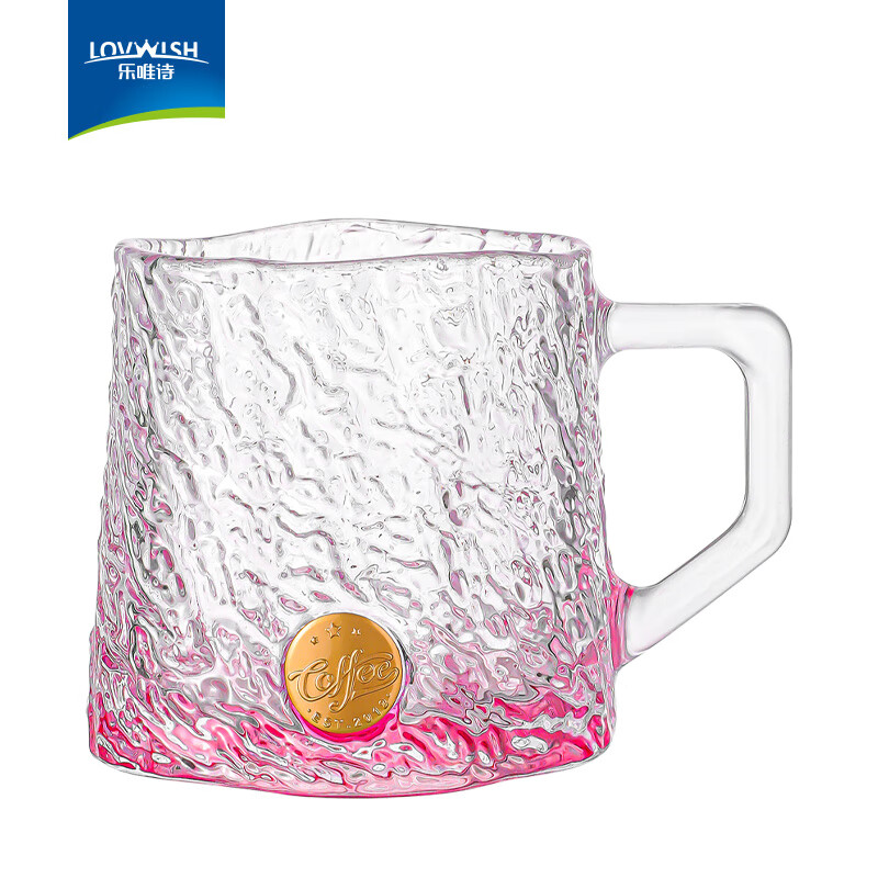 乐唯诗（LOVWISH）玄冰玻璃杯高颜值炫彩女牛奶咖啡杯家用透明喝水杯子带把圣诞新款 玄冰印章杯【粉色】260ml*1