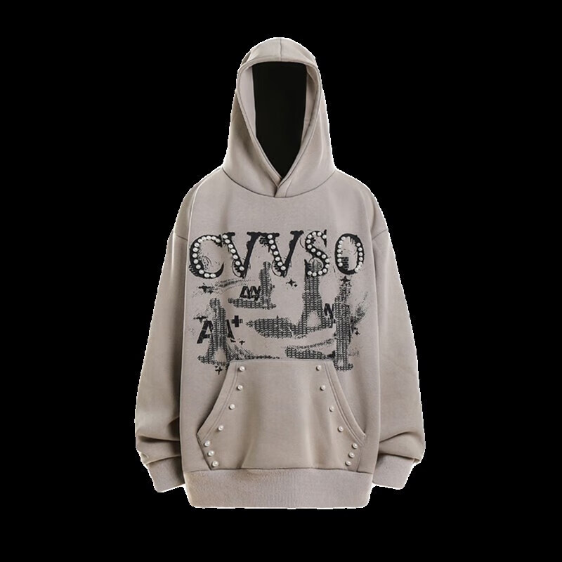 智时代abandoned美式复古嘻哈水洗做旧帽衫珍珠装饰宽松连帽卫衣男