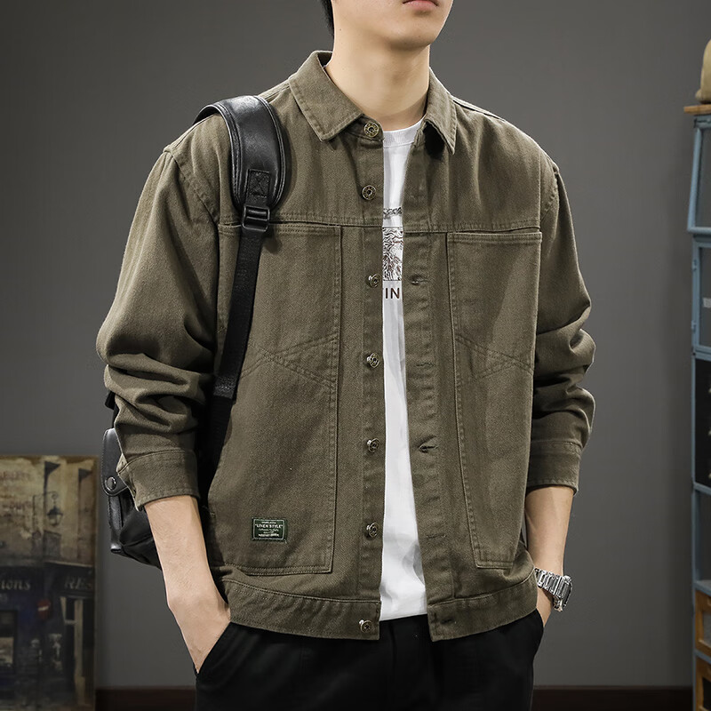 邦约恋人2026新款春秋上衣纯棉工装夹克男宽松大码秋季休闲翻领衬衫外套潮 军灰色 Z788 M 合适体重100-120斤