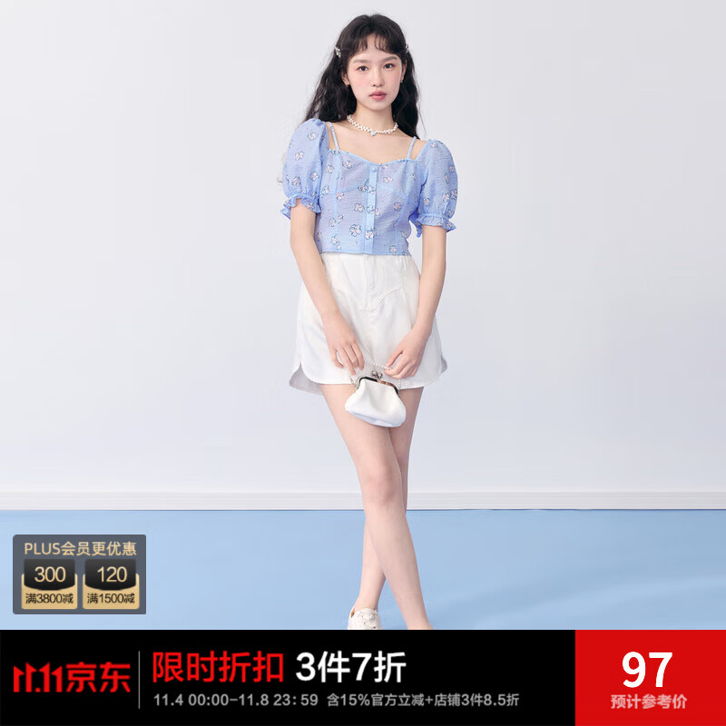 乐町新品方领碎花连衣裙2022春夏新款短袖甜美女装公主裙子 浅蓝 S/155怎么看?