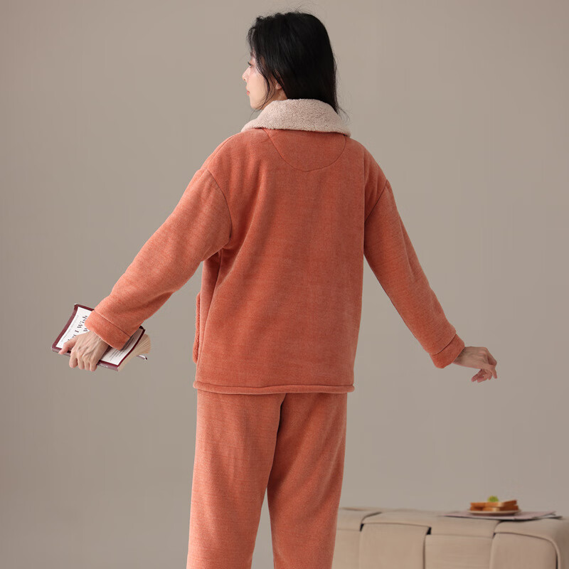 绮瑞女冬季珊瑚绒睡衣加厚三层复合绒秋冬女款时尚冬款家居服套装 杏色 2XL