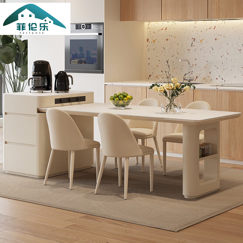 菲伦乐轻奢开放式厨房岛台餐桌一体家用可伸缩餐厅高端岩板中岛台可