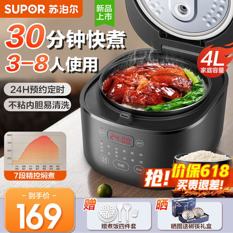 苏泊尔（SUPOR）电饭煲电饭锅家用4L大容量多功能智能电饭煲2-8人柴火饭煮粥不粘内胆24小时预约 SF40FC0063 4L