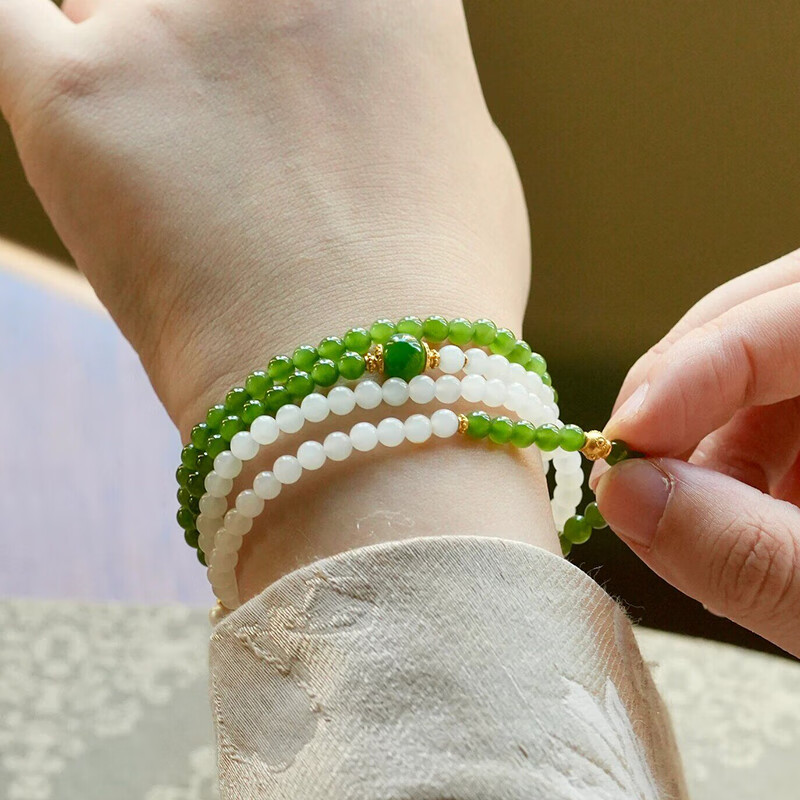尊柜 碧玉小米珠多圈手链搭配羊脂白玉 和田玉手串原创设计女 4mm碧玉