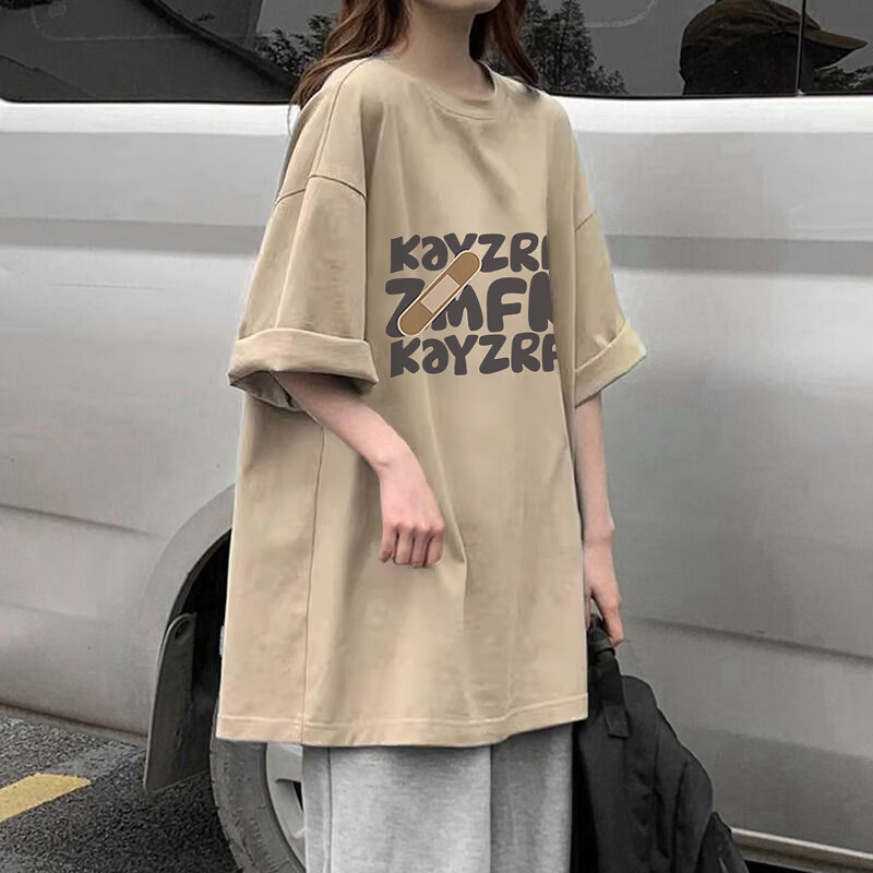 LDBE纯棉重磅短袖t恤女夏季美式复古小个子圆领宽松慵懒风半袖上衣潮 卡其色 M （80-100斤）