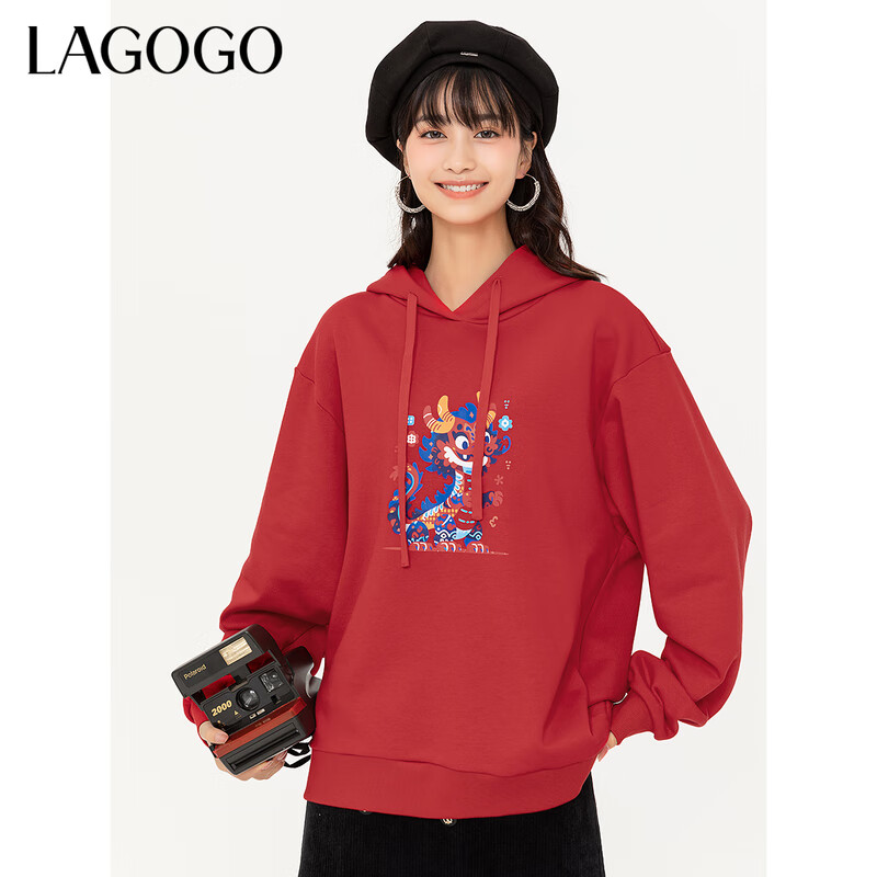 LAGOGO卡通连帽宽松卫衣女拉谷谷2024年春秋款小个子弹力舒适上衣 红色(H4) L 165/40