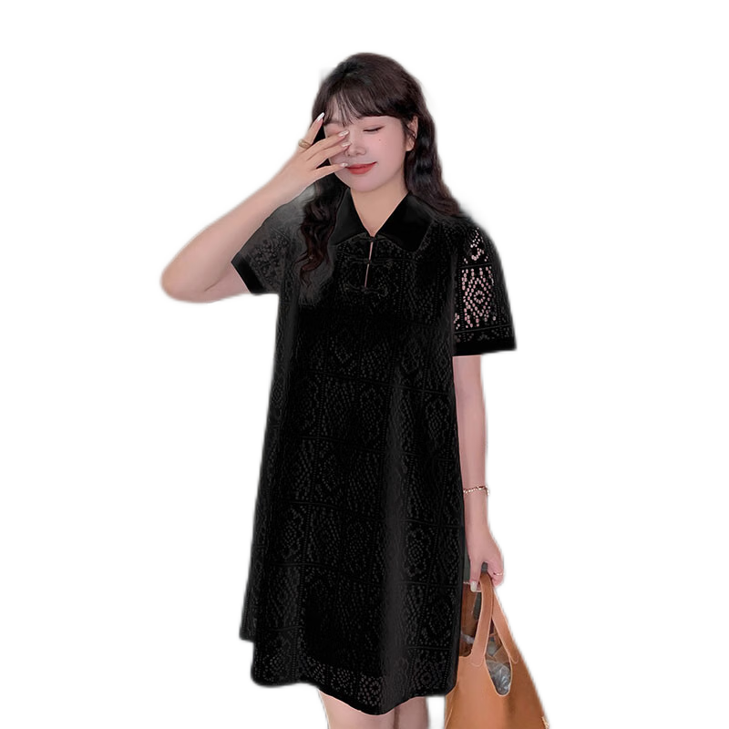 惟友大碼女裝連衣裙胖妹妹夏裝胖mm200斤國風(fēng)復(fù)古氣質(zhì)蕾絲裙 黑色 3XL 【尺碼偏大】 建議170-190斤