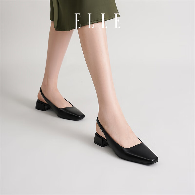 ELLE官方女鞋新款包头凉鞋女法式方头单鞋通勤低跟鞋子 黑色 3cm 38 (240mm) 标准码