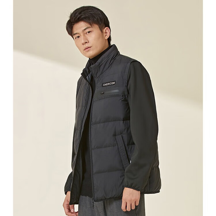 千仞岗（CHERICOM）千仞岗鸭绒薄款短款立领羽绒服短款男式可拆卸马甲 魔力黑88005 165/M(建议100-115斤）