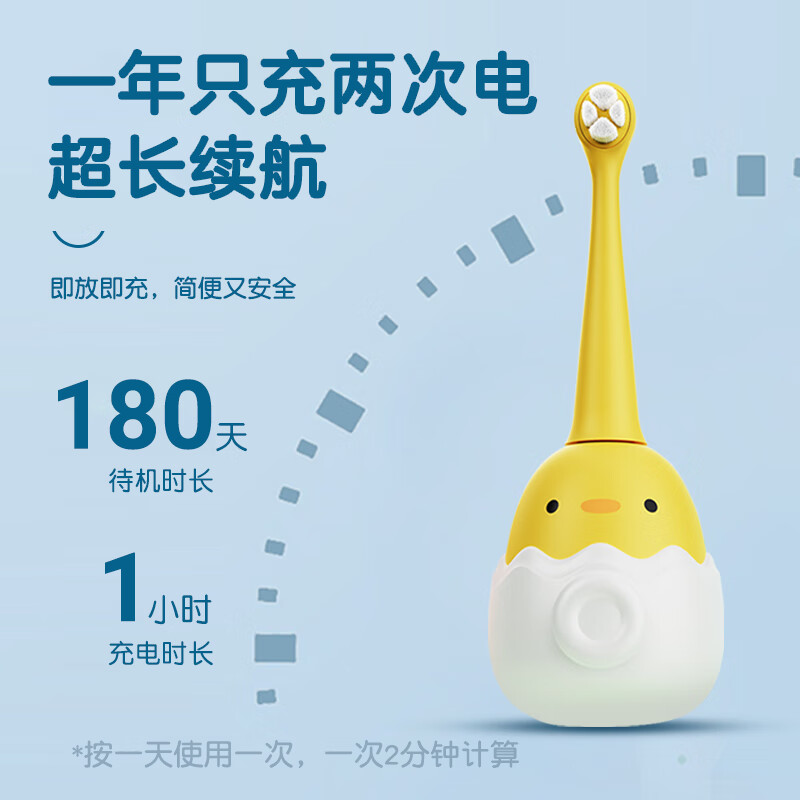牙宜生儿童电动牙刷充电式三档智声波振动能防水硅胶自带软毛牙刷2只3-6-12岁宝宝萌趣动物中秋礼品礼盒 蓝色萌鸡C1(1大1小两只刷头)