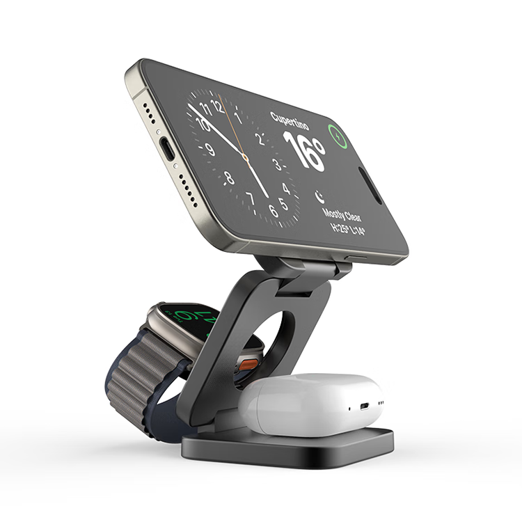 十一号线磁吸三合一无线充充电器 苹果MagSafe充电桌面便携折叠手机立式快充支架磁吸式可折叠通用 三合一无线充（黑色）-X55