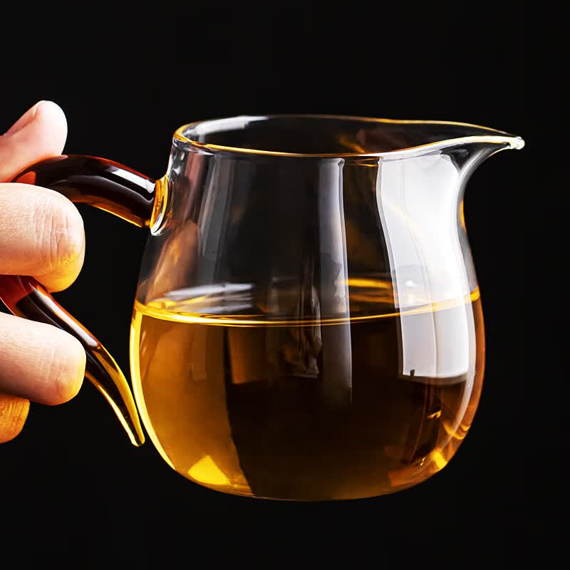 流影日式玻璃公道杯耐热家用茶海分茶器透明公杯加厚高档功夫茶具茶盅 企鹅公道杯-绿把450ml+分体式茶漏套组