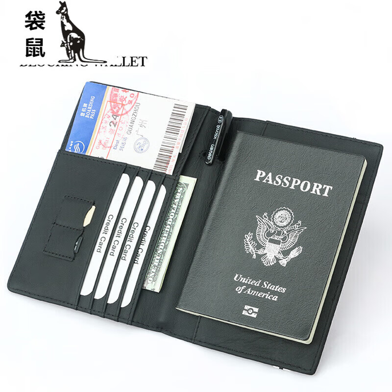 袋鼠（KANGAROO）2023新款RFID护照本创意头层牛皮松紧带多卡位证件包护照证件套 TQ-312碳纤维超纤配真皮【黑色无