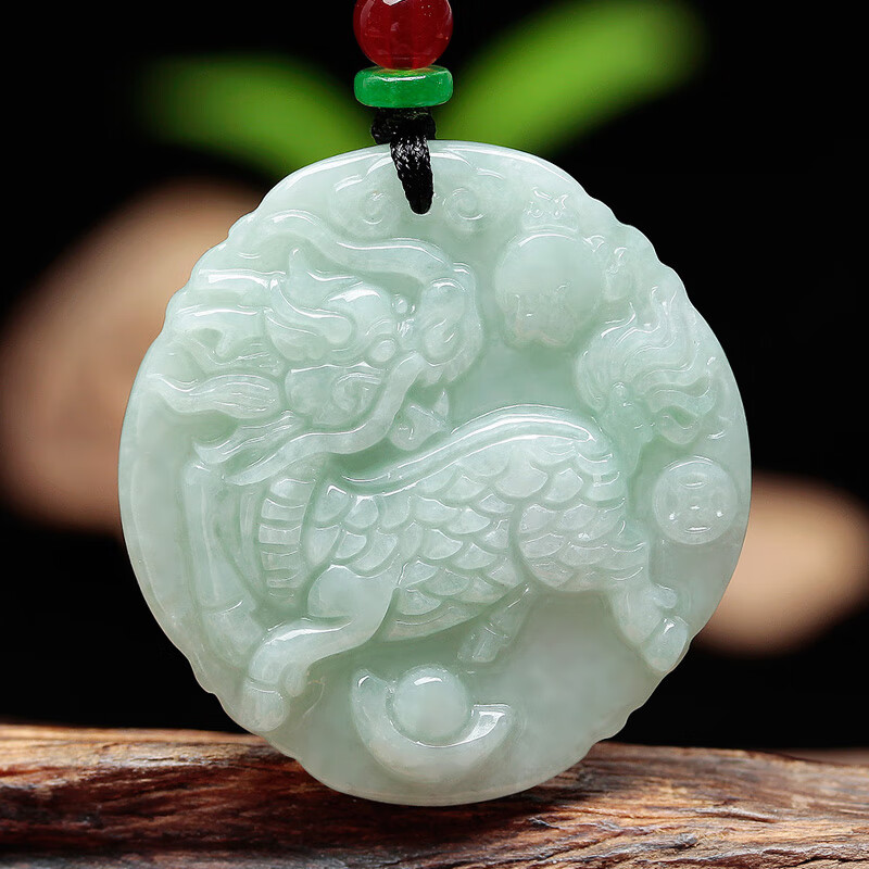 千古檀缅甸a货翡翠玉麒麟吊坠男女款珠宝玉石项链圆玉佩牌挂件证书 小