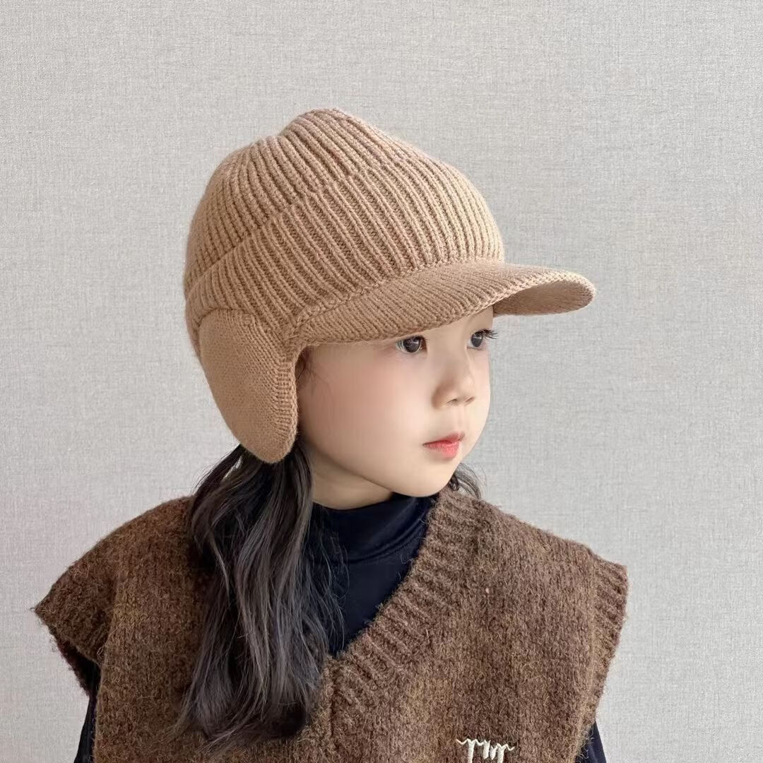 zkhe鸭舌帽子男款冬季新款毛线针织护耳秋冬款冬天男孩中大童 卡其色