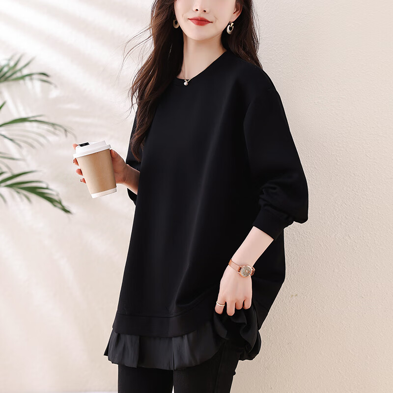 莎妮朵罗大码女装卫衣女宽松胖mm秋装新款中长款微胖遮肚T恤女上衣20490 黑色 L 建议100-115斤穿着