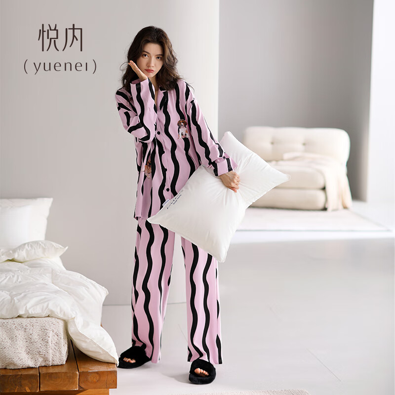 悦内睡衣女士春秋款纯棉长袖女款秋季秋天家居服条纹可外穿高级感套装 88315风信紫 2XL (175) 【体重140-160斤】