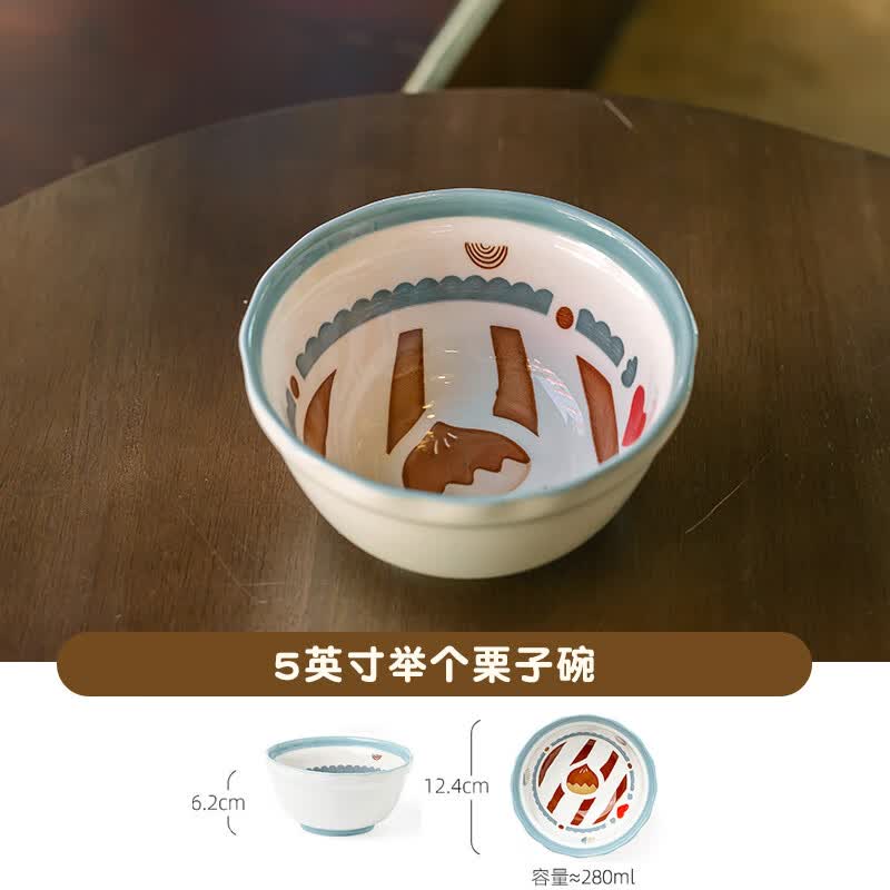 精东家单人陶瓷米饭碗釉下彩餐具儿童家用吃饭碗甜品沙拉早餐碗勺子套装 举个栗子碗