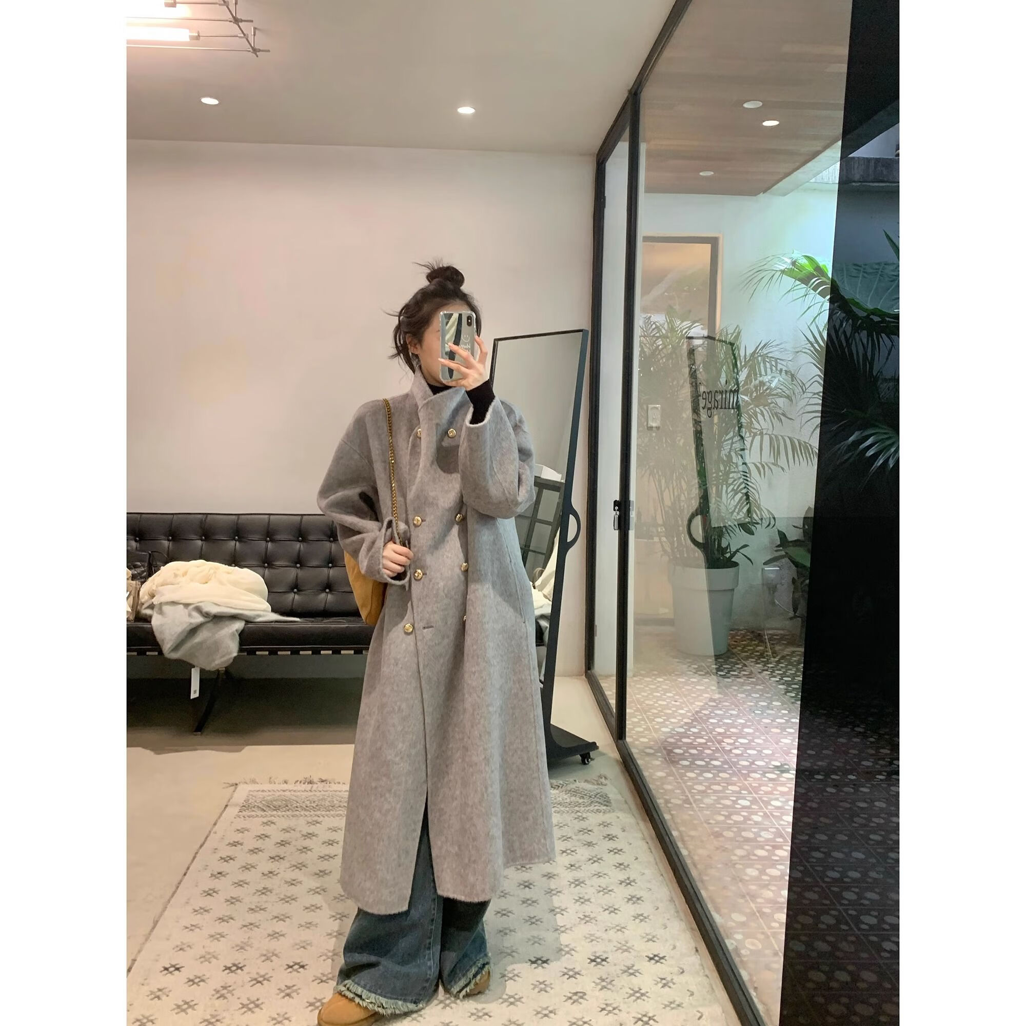 大衣女款灰色加厚呢子大衣女2023年秋冬款西装领双排扣宽松 花灰色 s