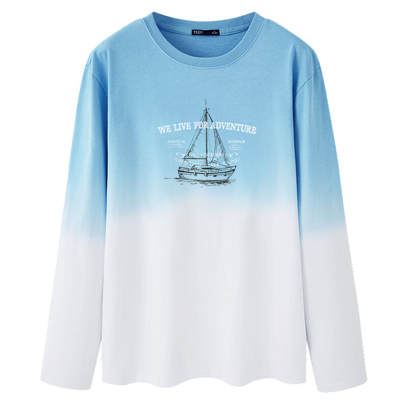 TEEK秋季纯棉长袖t恤男装青少年秋冬款渐变色男士上衣 潮流体恤衫衣服 JAC66X蓝白色 M