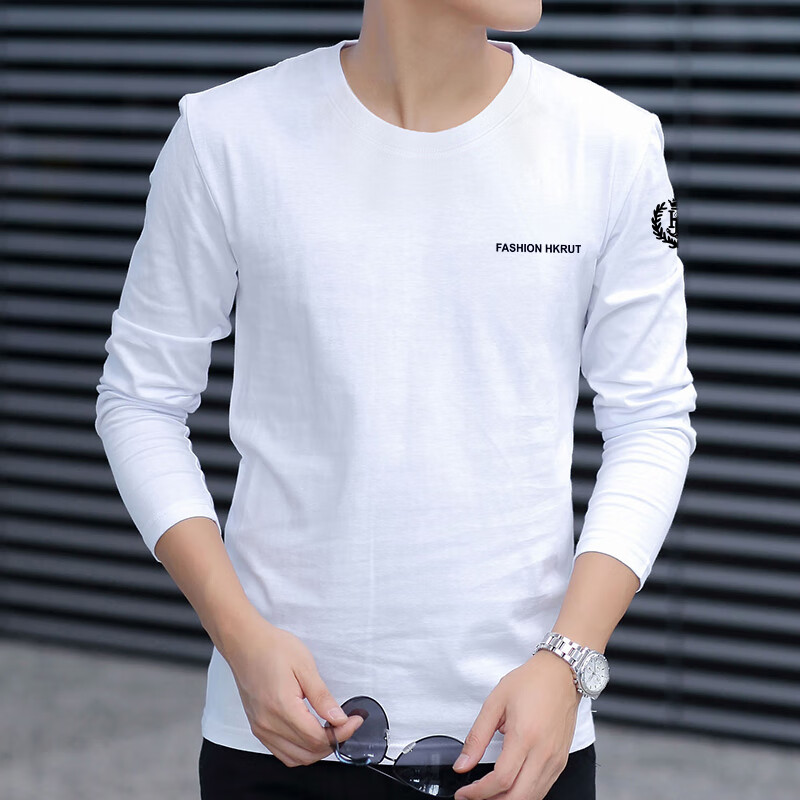 24春季男装纯棉潮流男士长袖t恤印花内搭上衣服体恤打底衫 长袖hk白色