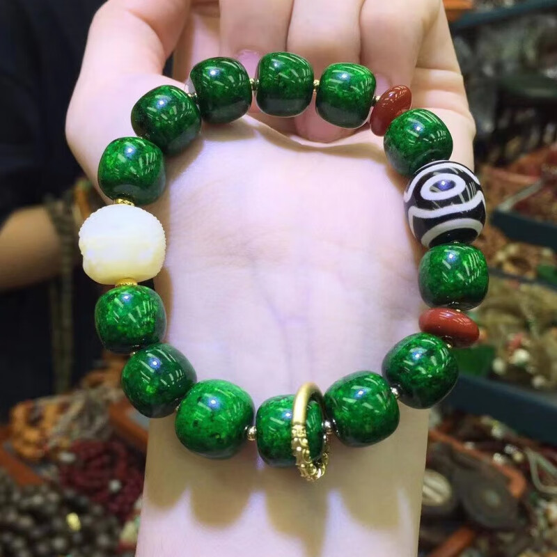 森匠绿虬角手串佛珠手链藏式天珠骨头佛头国风饰品女男款 约12mm虬角