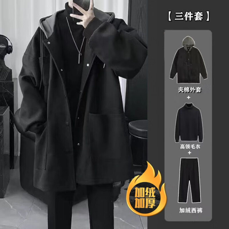 impresswit风衣套装男三件套冬季加绒加厚痞帅轻熟风中长版毛呢大衣